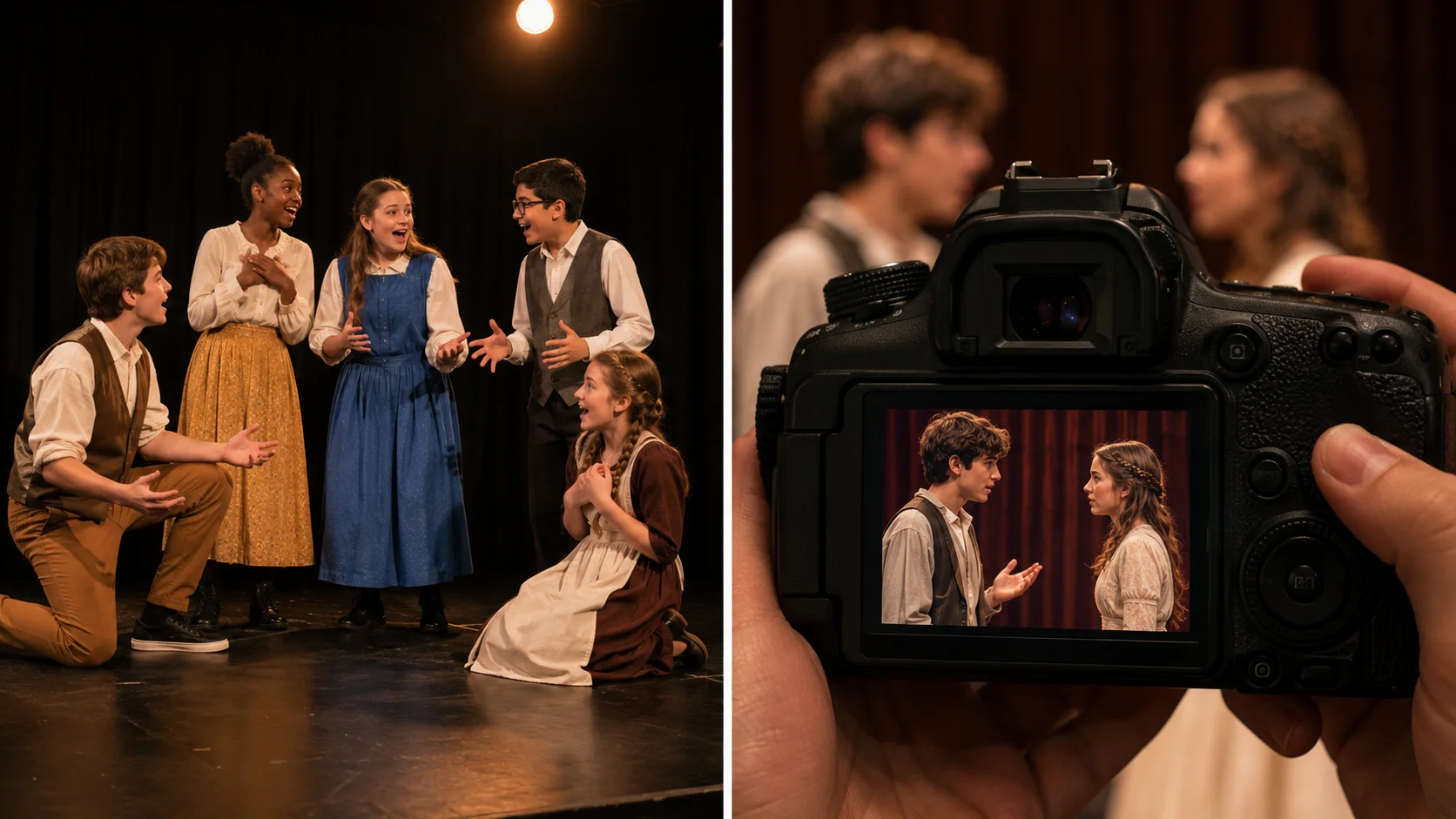 Grupo de jóvenes actuando en un escenario y cámara réflex grabando la escena en Acting Lab