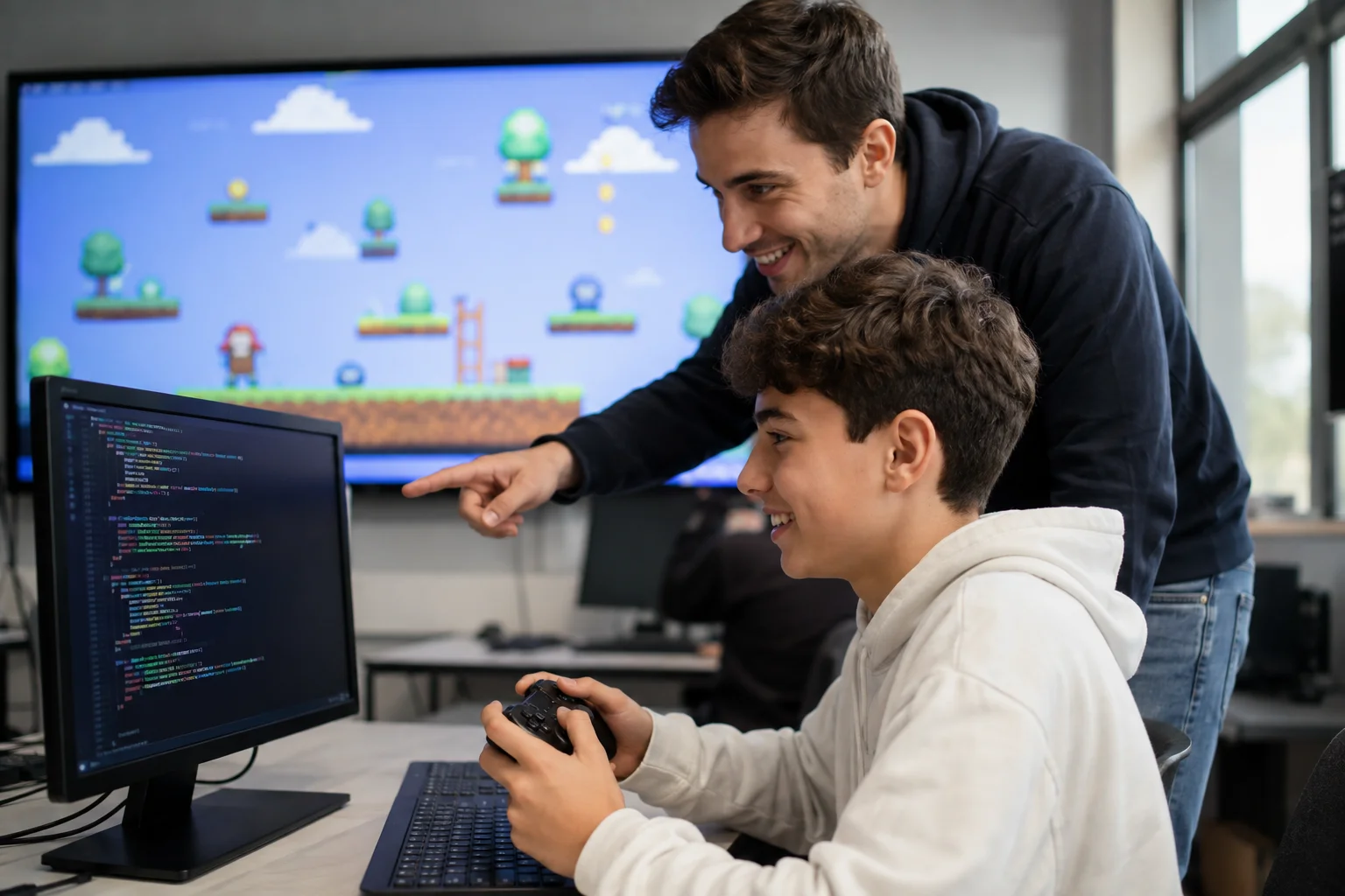 Adolescente probando su videojuego con un mando ante el PC, con el profesor señalando la pantalla en Code Lab