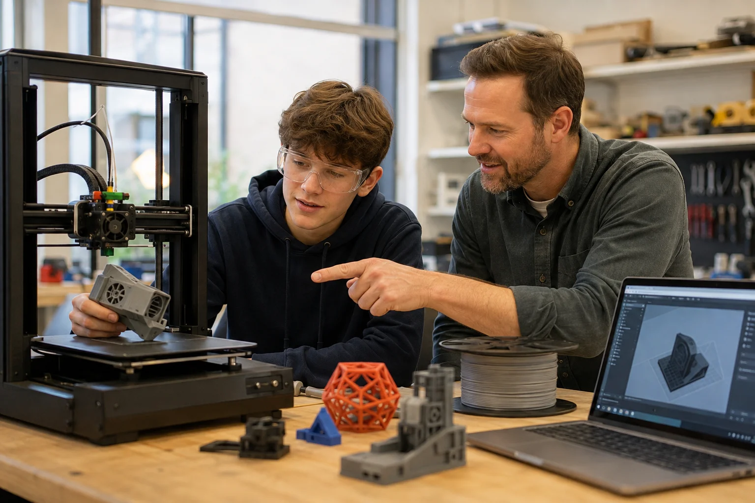 Adolescente operando una impresora 3D con gafas de seguridad bajo la supervisión de su profesor en Fab Lab