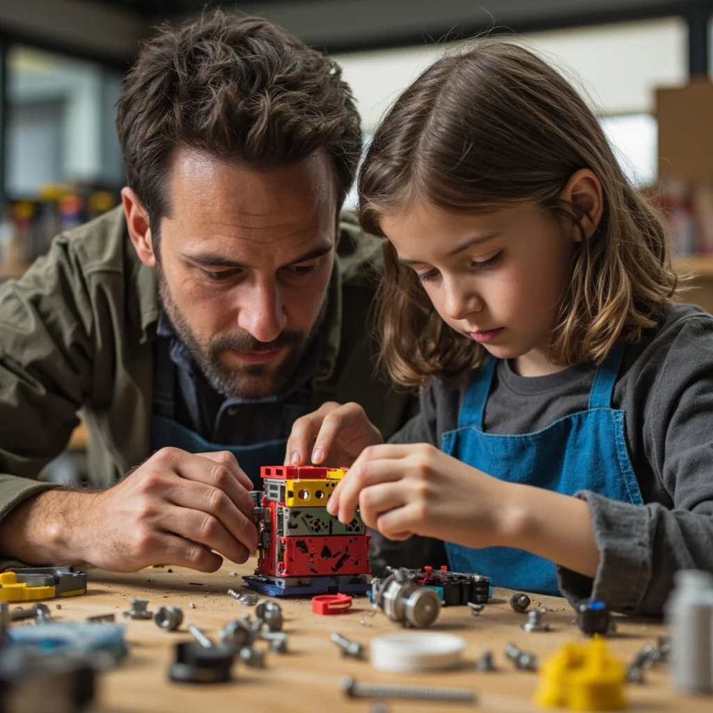 Niño montando un robot educativo con la ayuda de su profesor en Maker Lab