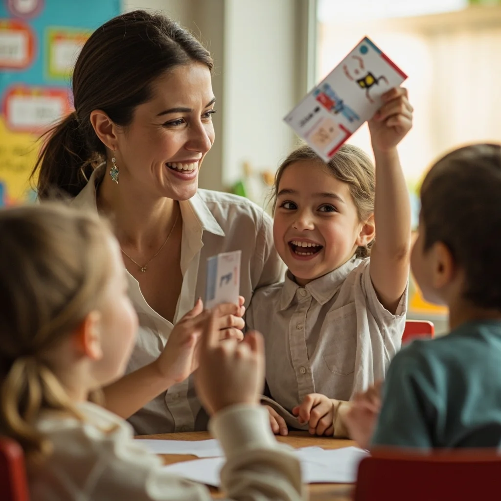 Niña con flashcard de inglés junto a su profesora durante una clase de Speak Lab